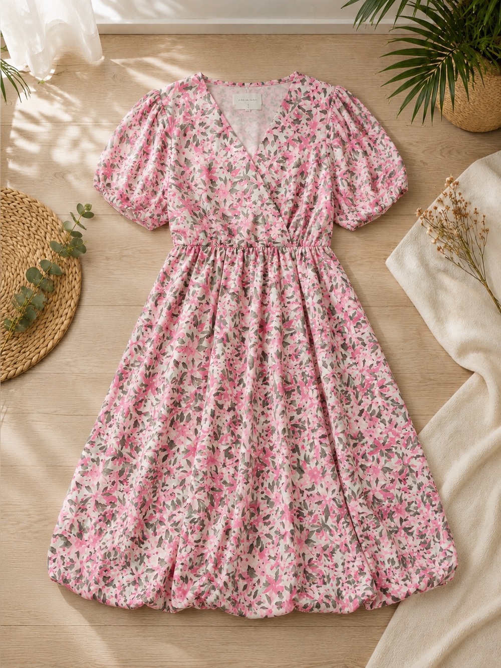 Pink Floral Puff Sleeve Mini Dress